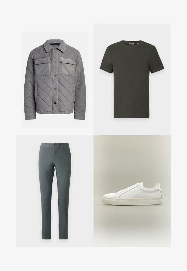 Veste grise matelassée en tissu texturé, dotée de deux poches poitrine, de boutons-pression et d'un col à point. Design durable et isolé.; T-shirt à manches courtes vert foncé avec un col rond, fabriqué en tissu côtelé ; présente un design simple et minimaliste sans motifs.; Pantalons gris ajustés en tissu texturé, coupe droite, fermeture à bouton, passants de ceinture et design slim.; Baskets blanches basses à lacets sur l’avant et semelle épaisse, vues de côté sur un fond neutre.