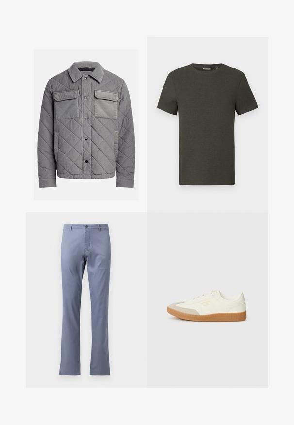 Gepolsterte graue Jacke aus strukturiertem Stoff, mit zwei Brusttaschen, Druckknöpfen und einem spitzen Kragen. Robuste und isolierte Konstruktion.; Dunkelgrünes T-Shirt mit kurzen Ärmeln und rundem Ausschnitt, aus geripptem Material; zeichnet sich durch ein einfaches, minimalistisches Design ohne Muster aus.; Helle blaue Baumwollhose mit geradem Schnitt, flachem Vorderteil, Gürtelschlaufen und einem einzigen Knopfverschluss an der Taille. Keine sichtbaren Muster.; Sneaker aus weißem Leder mit einer beigen Zehenkappe und leichter brauner Gummisohle. Verfügt über flache weiße Schnürsenkel und geprägtes Branding an der Seite.
