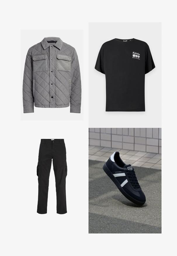 Veste grise matelassée en tissu texturé, dotée de deux poches poitrine, de boutons-pression et d'un col à point. Design durable et isolé.; T-shirt en coton noir avec col rond et manches courtes. Présente un texte blanc sur le devant, incluant "Kórinka" et "MUSÉE D'ART & DE BOTANIQUE."; Pantalons cargo noirs en coton, dotés de plusieurs poches latérales, d'une coupe droite et d'une fermeture à bouton à la taille.; Sneaker en cuir noir avec des rayures blanches, semelle en caoutchouc texturée et devant à lacets. Présente une étiquette de marque sur la languette.
