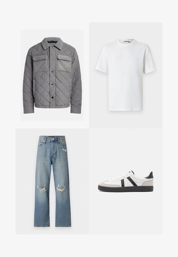 Quiltet grå jakke lavet af tekstureret stof, med to brystlommer, trykknapper og spidse krave. Holdbart og isoleret design.; Hvid kortærmet t-shirt i vaffelmønster med rund hals og et lille mærke med brandnavn inde i kraven, vist på en ensfarvet baggrund.; Lyseblå denimjeans med lige ben design. De har to huller ved knæene og en klassisk lynlås med knaplukning.; Hvide sneakers med sorte og grå detaljer, med en tekstureret grå tåhætte, sort gummisål og flade hvide snørebånd. Rent design, minimalistisk stil.