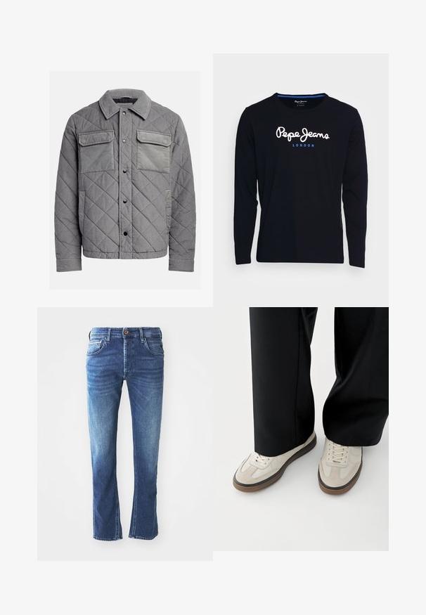 Quiltet grå jakke lavet af tekstureret stof, med to brystlommer, trykknapper og spidse krave. Holdbart og isoleret design.; Langærmet sort t-shirt lavet af bomuldsstof, med hvid og blå logo tekst "Pepe Jeans London" centreret på brystet.; Mørkeblå denim jeans med lige ben-design, der har fem lommer, en brun knaplukning og diskret lys udtoning ved lårene.; Fødder iført beige sneakers med brune såler og sorte bukser med vide ben på hvid baggrund.