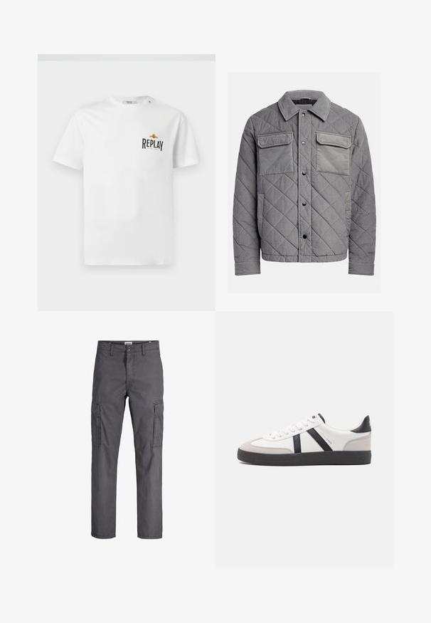 Gepolsterte graue Jacke aus strukturiertem Stoff, mit zwei Brusttaschen, Druckknöpfen und einem spitzen Kragen. Robuste und isolierte Konstruktion.; Weißes Baumwoll-T-Shirt mit kurzen Ärmeln, das auf der linken Brust ein schwarzes und goldenes "REPLAY GRAND HOTEL"-Logo zeigt. Einfaches Design, normale Passform.; Dunkelgraue Cargo-Hosen mit gerader Passform, die mehrere Seitentaschen und einen Knopfverschluss an der Taille aufweisen. Material aus Baumwollmischung.; Weiße Sneaker mit schwarz- und grau-aczenten, ausgestattet mit einer strukturierten grauen Zehenkappe, schwarzer Gummi-Sohle und flachen weißen Schnürsenkeln. Sauberes Design, minimalistische Stil.