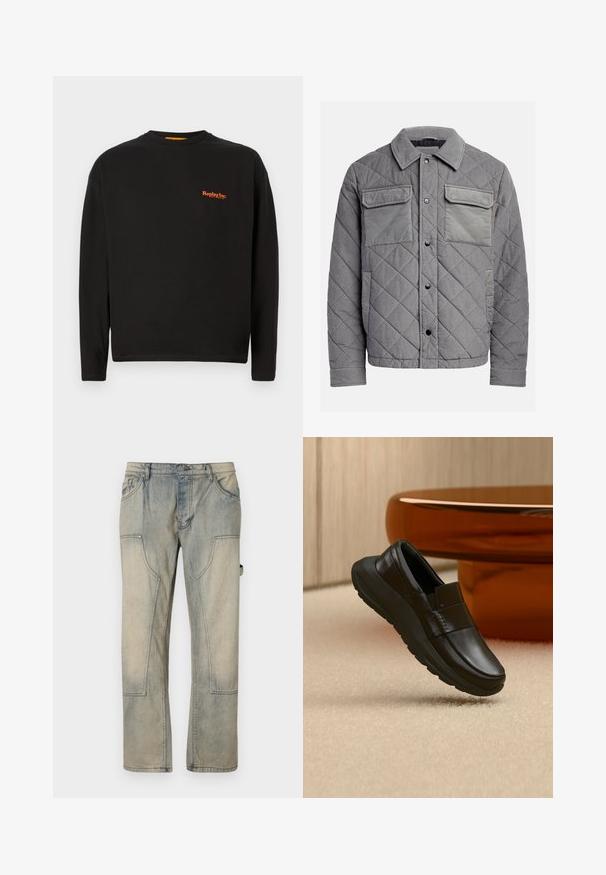 Chaqueta acolchada gris hecha de tejido texturizado, con dos bolsillos en el pecho, botones a presión y un cuello con puntas. Diseño duradero y aislante.; Camiseta negra de manga larga hecha de algodón, con un pequeño logo naranja de "Replay Inc." en el pecho, cuello redondo y ajuste estándar.; Vaqueros de un azul claro desvanecido con un ajuste holgado, que cuentan con grandes bolsillos frontales y costuras en contraste. La tela tiene una textura suave y desgastada.; Mocasín de cuero negro con suela gruesa, mostrado sobre una alfombra beige y cerca de una base de mesa redonda de color ámbar.