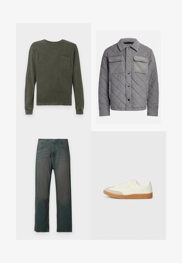 Chaqueta acolchada gris hecha de tejido texturizado, con dos bolsillos en el pecho, botones a presión y un cuello con puntas. Diseño duradero y aislante.; Camisa de manga larga en verde oliva oscuro, fabricada en material suave, con cuello redondo y un bolsillo en el pecho. Textura suave, corte relajado.; Vaqueros de mezclilla verde oscuro con corte de pierna recta, que presentan un diseño clásico de cinco bolsillos y costuras de contraste a lo largo de las costuras.; Zapatilla de cuero blanca con puntera beige y suela de goma marrón claro. Presenta cordones planos blancos y una marca en relieve en el lateral.