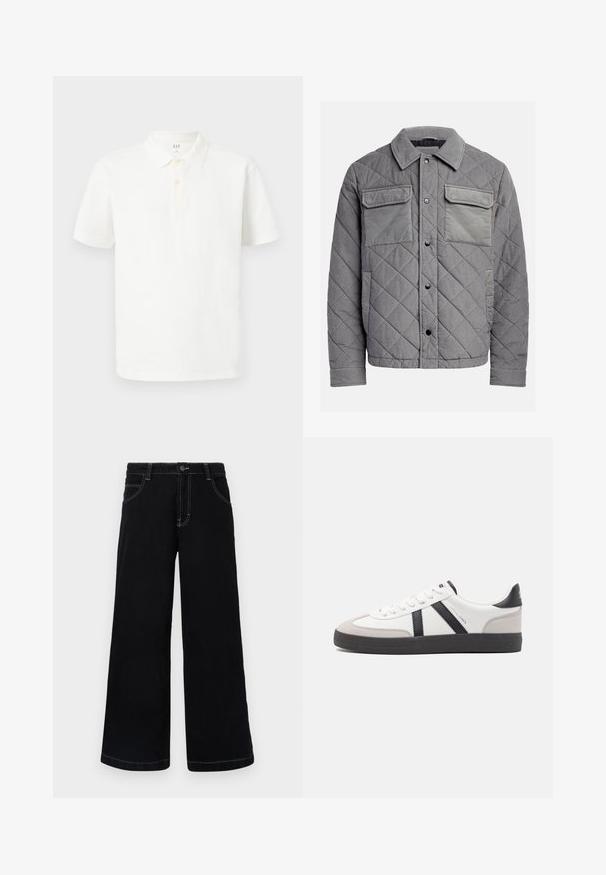 Gepolsterte graue Jacke aus strukturiertem Stoff, mit zwei Brusttaschen, Druckknöpfen und einem spitzen Kragen. Robuste und isolierte Konstruktion.; Weißes Poloshirt aus Baumwolle mit klassischem Kragen, kurzen Ärmeln, einer Zwei-Knopf-Leiste und subtiler Struktur im Gewebe.; Schwarze weit geschnittene Jeanshose aus Denim, mit Knopfverschluss, fünf Taschen und kontrastierendem weißen Nähten entlang der Nähte.; Weiße Sneaker mit schwarz- und grau-aczenten, ausgestattet mit einer strukturierten grauen Zehenkappe, schwarzer Gummi-Sohle und flachen weißen Schnürsenkeln. Sauberes Design, minimalistische Stil.