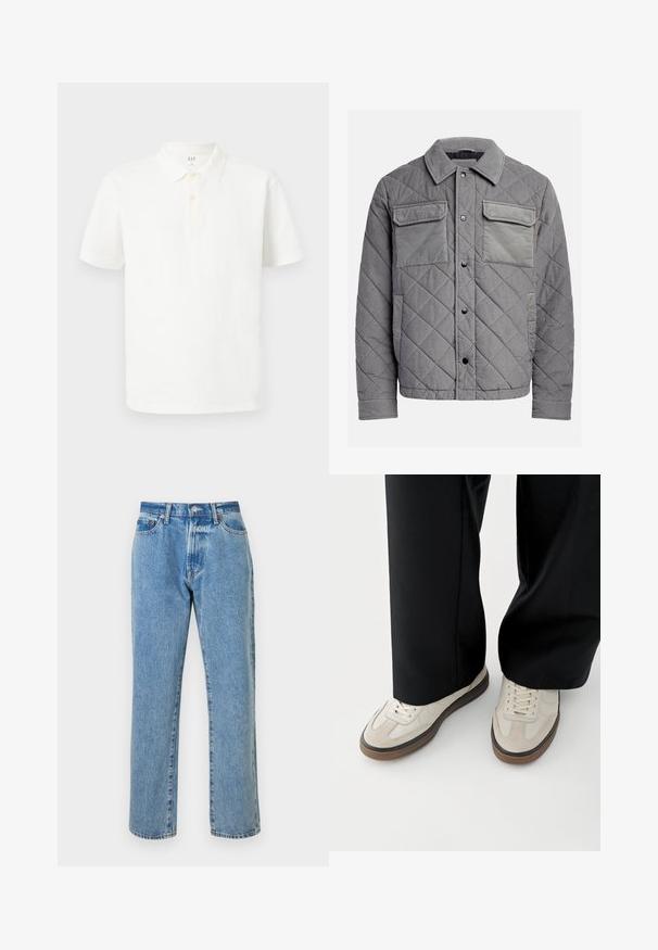 Veste grise matelassée en tissu texturé, dotée de deux poches poitrine, de boutons-pression et d'un col à point. Design durable et isolé.; Chemise polo blanche en coton avec un col classique, des manches courtes, une patte de boutonnage à deux boutons et un tissu texturé subtil.; Jeans en denim bleu clair avec une coupe droite, comprenant cinq poches, une fermeture éclair et des accents en métal cuivré. Détails usés tout au long.; Pieds portant des baskets beige avec des semelles marron et un pantalon noir à jambes larges sur fond blanc.