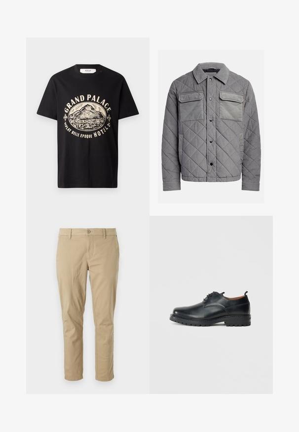 Chaqueta acolchada gris hecha de tejido texturizado, con dos bolsillos en el pecho, botones a presión y un cuello con puntas. Diseño duradero y aislante.; Camiseta de algodón negra con un estampado gráfico en beige de una montaña y texto que dice "Grand Palace Replay Belle Epoque Hotel". Diseño sencillo de cuello redondo.; Pantalones de sarga de algodón beige con un ajuste Slim, que cuentan con un cierre de botón, presillas para cinturón y piernas rectas. Textura suave, sin patrones notables.; Zapatos derby de cuero negro con una textura suave, punta redondeada, diseño de cordones y una suela de goma gruesa y resistente.