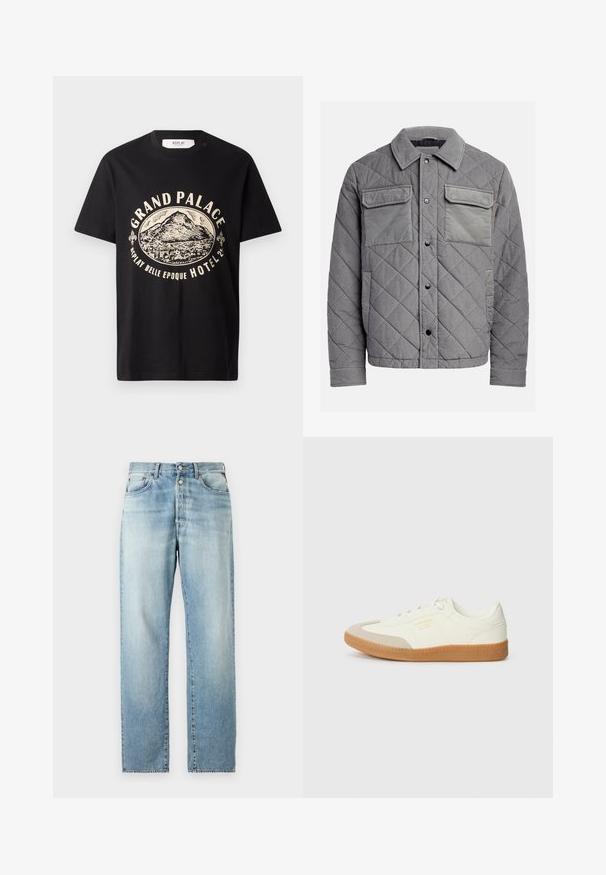 Quiltet grå jakke lavet af tekstureret stof, med to brystlommer, trykknapper og spidse krave. Holdbart og isoleret design.; Sort bomulds T-shirt med en beige grafisk print af et bjerg og teksten "Grand Palace Replay Belle Epoque Hotel." Simpelt crew-neck design.; Lyseblå denimjeans med lige ben-design, der har et klassisk fem-lomme layout og knapåbning. Falmet tekstur over det hele.; Sneaker lavet af hvid læder med en beige tåhætte og let brunt gummisål. Har flade hvide snørebånd og prægede branding på siden.
