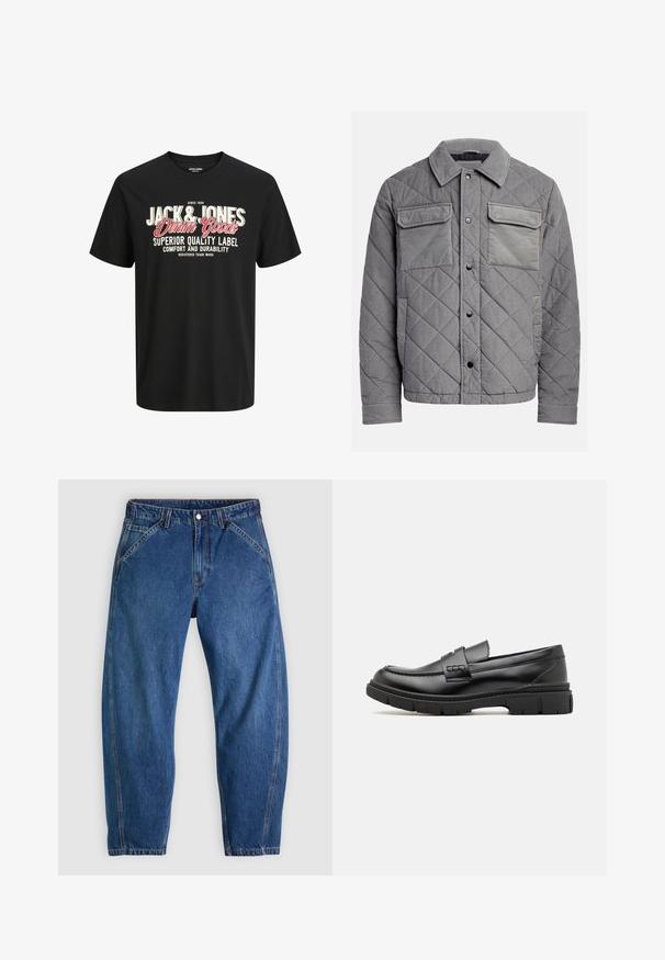 Gequilte grijze jas van een gestructureerde stof, met twee borstzakken, drukknoopsluitingen en een puntkraag. Duurzaam en geïsoleerd ontwerp.; Zwart kortemouwen T-shirt met "Jack & Jones Denim Goods" in grote witte en rode tekst, plus kleinere witte tekst over kwaliteit en duurzaamheid.; Blauwe spijkerbroek met een ontspannen pasvorm, voorzien van een knoopsluiting, vijf zakken en contrasterende oranje stiksels. Gladde textuur over het hele oppervlak.; Zwarte leren instapper met een brede band over de voet, rubberen zool met dikke noppen en een gladde textuur. Klassiek, strak ontwerp.