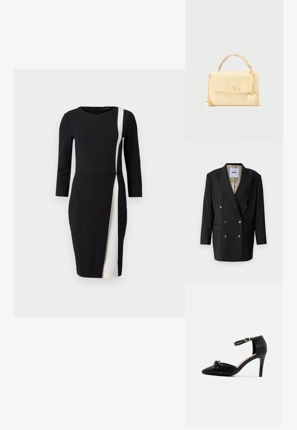Sort dobbeltradet blazer med to frontlommer, metalliske knapper, notch-lapel og en kontrastfarvet beige foer.; Sort kjole med trekvartærmer, der har en hvid diagonalt stribe. Fremstillet af glat stof, tætsiddende talje og knælangt design.; Sorte læder højhælede sko med spids tå, ankelrem og guldbuckle, med en blank sløjfedetalje på forfoden.; Creamfarvet håndtaske med guldkædehåndtag, frontlås og hjerteformet vedhæng hængende fra siden.