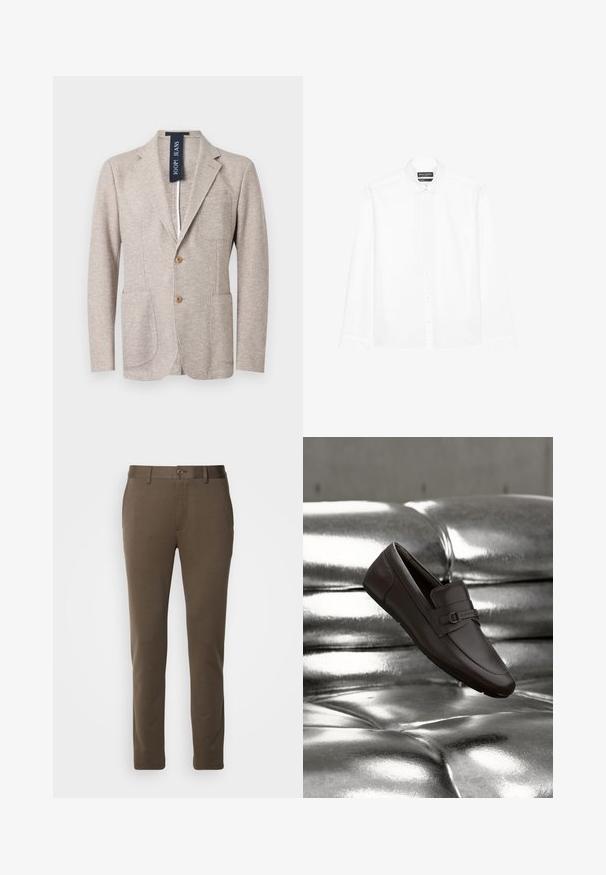 Blazer beige texturizado para hombre con solapas con muesca, dos botones delanteros, bolsillos parche, bolsillo en el pecho y etiqueta visible de JOOP! JEANS dentro del cuello.; Camisa blanca de botones, de manga larga, hecha de algodón. Presenta un cuello clásico, una tapeta frontal con botones y un dobladillo recto.; Pantalones marrones ajustados, hechos de una tela suave, con cierre de botón y trabillas para cinturón, de diseño limpio y corte recto.; Mocasín de cuero marrón oscuro con una hebilla decorativa, colocado en ángulo sobre una superficie plateada brillante con botones acolchados.