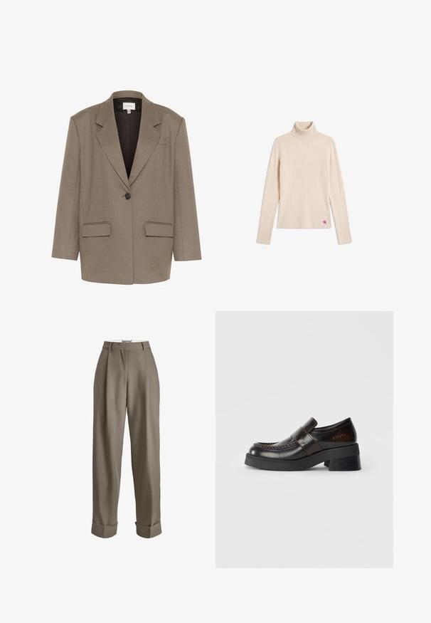 Blazer marron au design structuré, avec fermeture à un bouton, deux poches avant et revers crantés. Tissu lisse et texturé.; Pull beige côtelé à col roulé manches longues avec un petit patch logo près de l'ourlet inférieur sur fond blanc.; Pantalon taupe taille haute avec passants de ceinture, plis à l'avant et larges revers aux chevilles.; Mocassins en cuir marron avec un large talon noir, présentant un design cousu et une sangle traversant le dessus pour un détail supplémentaire.
