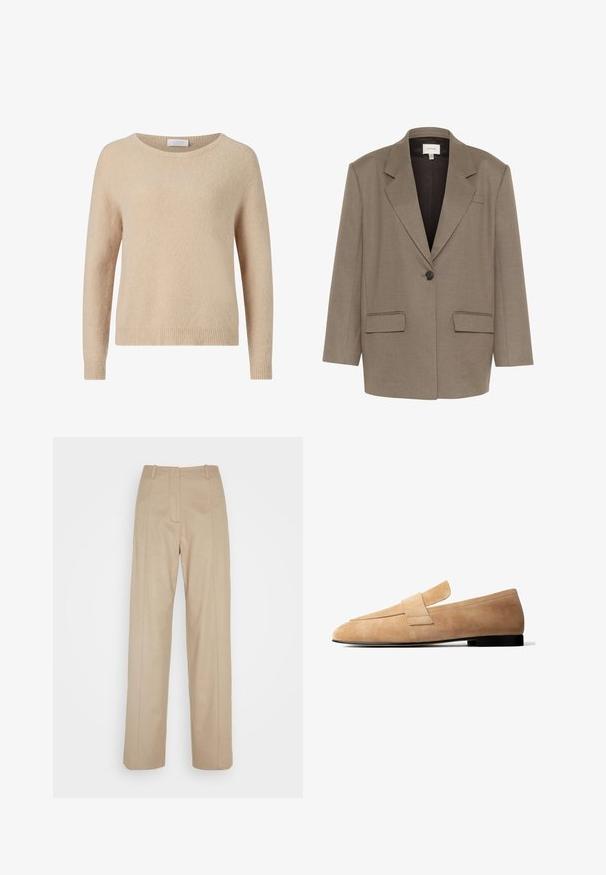 Hnedý blazer so štruktúrovaným dizajnom, s jedným gombíkom, dvoma prednými vreckami a klopami s rázsochou. Hladká, štruktúrovaná tkanina.; Béžový pletený sveter s okrúhlym výstrihom, dlhými rukávmi a rebrovaným lemom. Mäkká textúra a voľný strih. Štítok viditeľný na výstrihu.; Calvin Klein TAILORED STRAIGHT PANT - Nohavice - cinder; Svetlohnedý mokasín z brúseného semišu s nízkym čiernym podpätkom a širokým remienkom na vrchu, zobrazený v bočnom profile na bielom pozadí.