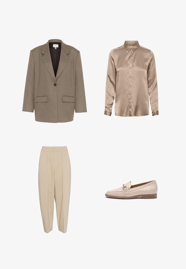 Blazer marrón con un diseño estructurado, que cuenta con un cierre de un solo botón, dos bolsillos frontales y solapas de muesca. Tela suave y texturizada.; Camisa de manga larga, abotonada, en tela de satén beige. Presenta un cuello clásico, una textura suave y un brillo sutil en la superficie.; Pantalones beige entallados con cintura alta, frente plisado y pierna ajustada. La tela parece suave con un sutil brillo. Sin bolsillos visibles.; Mocasines de cuero beige con punta redondeada, una correa decorativa y un adorno de metal en tono dorado. Suela plana color marrón claro con mínima tracción.