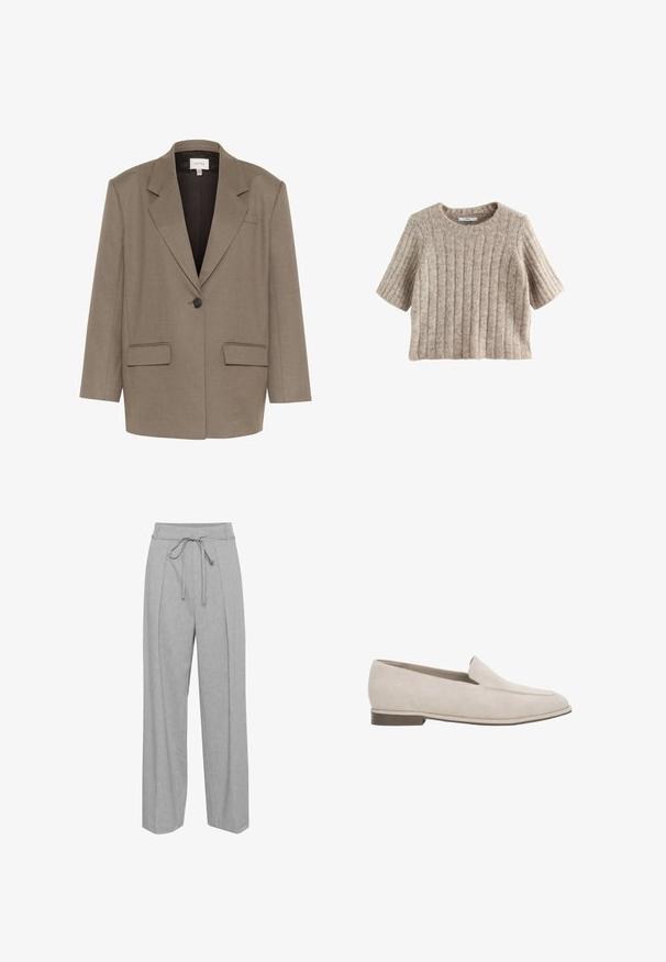 Brauner Blazer in strukturiertem Design, mit einem einzelnen Knopfverschluss, zwei Vordertaschen und Reverskragen. Glattes, strukturiertes Material.; Kurzärmliger, gerippter Pullover in hellbeige, mit Rundhalsausschnitt und weicher Textur, gefertigt aus einem gemütlichen Strickmaterial.; Graue Leinen-Hose mit weitem Bein und hohem Bund, ausgestattet mit einem Kordelzug, Falten an der Vorderseite und einer weichen, strukturierten Oberfläche.; Beiger Wildleder-Slipper mit niedrigem Absatz, spitz zulaufender Spitze und minimaler Naht am Obermaterial.