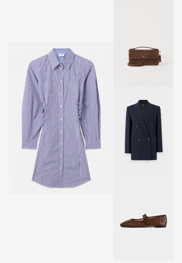 Marineblauwe, dubbelgeknoopte blazer met inkeping revers, vier knopen aan de voorkant, lange mouwen en twee voorzakken met klep.; Langemouwen blauwe en witte verticaal gestreepte jurk met knopen aan de voorkant, borstzakken en geplooide zijkanten.; Bruine leren platte Mary Jane schoen met ronde gesp en zwarte zool op een lichtgrijze achtergrond.; Bruine suède lederen handtas met bovenhandvat en afneembare schouderriem, met een klein gouden logo op de voorsluiting.