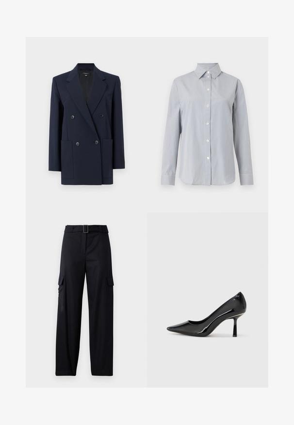 Mørkeblå, dobbeltknappet blazer med hakkede revers, fire forreste knapper, lange ærmer og to forreste påsyede lommer.; Langærmet lysegrå skjorte med tynde, lodrette hvide striber, knappet front, spids krave og matchende manchetter på ensfarvet baggrund.; Sorte cargo-bukser med lige ben-design, der har to sidelommer og et bælte med en rektangulær spænde. Glat stofstruktur.; Sorte patenterede læderpumper med høje hæle, spids tå, slankt design og slank stilettohæle, som har en glat, blank tekstur.