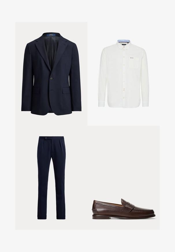 Marineblauwe single-breasted blazer met notch revers, sluiting met één knoop, voorflapzakken en een gladde binnenvoering.; Witte lange mouwen shirt met een kraag met knopen. Voorzien van een borstzak en gekleurde streepaccenten nabij de zak en de placket. Soepele textuur.; Marineblauwe op maat gemaakte broek met een knoopsluiting in de taille en voorplooien, afgebeeld tegen een effen lichte achtergrond.; Donkerbruine leren penny loafer met stikseldetails en lage gestapelde hak, van opzij gezien op een effen achtergrond.