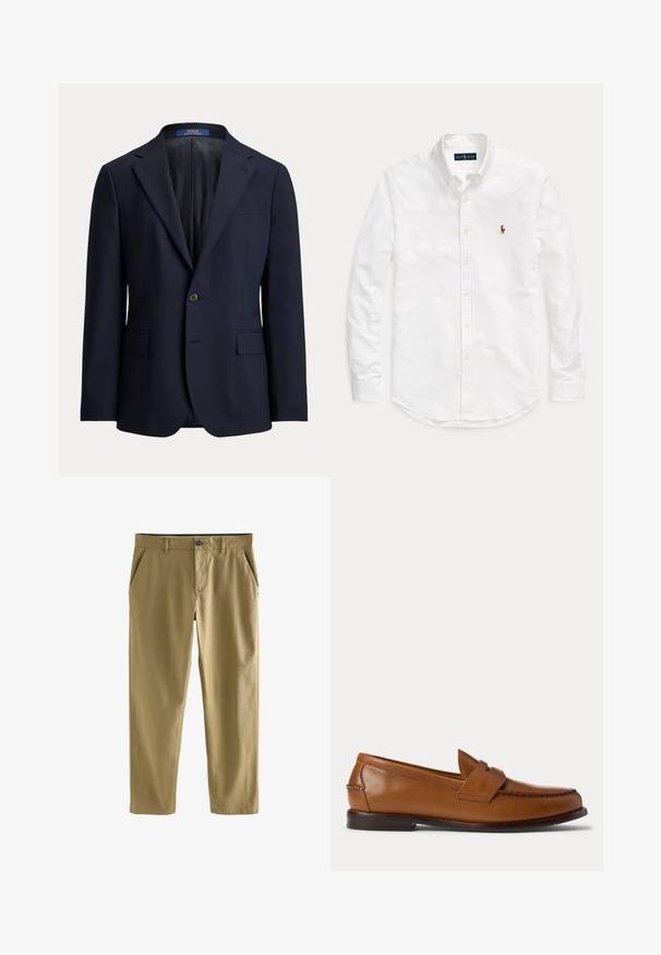 Marineblauer einreihiger Blazer mit Kerb-Revers, Ein-Knopf-Verschluss, Klappentaschen vorne und glattem Innenfutter.; Weißes, langärmliges Hemd mit Knopfleiste und Kragen sowie kleinem, gesticktem Logo auf der linken Brust, flach auf einem einfarbigen Hintergrund liegend.; Khaki-Chinos aus Baumwollmischgewebe, mit Knopfverschluss, zwei Fronttaschen und geradem Beinanschnitt. Glatte, leichte Textur.; Brauner Leder-Penny-Loafer mit niedrigem Absatz und gesteppten Details an Vorder- und Seitenpartien, seitlich auf weißem Hintergrund dargestellt.