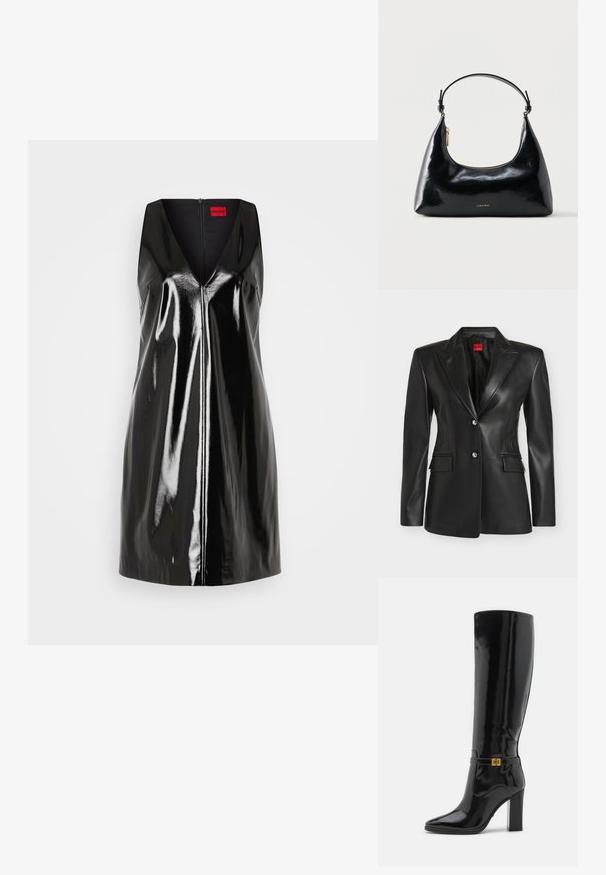 Sort skræddersyet faux læder blazer med hakrevers, to forlommer med klapper og to sølvknapper, mærket Hugo indeni kraven.; Sort, ærmeløs kjole med V-udskæring og blank, reflekterende overflade; har en central lynlås og minimalistisk design.; Knæhøje sorte patentlæderstøvler med spids tå, guld hardware detaljer og en chunky hæl. Glat, skinnende overflade med minimal pynt.; Sort blank Calvin Klein håndtaske med gyldent lynlås og kort rem mod en ensfarvet hvid baggrund.