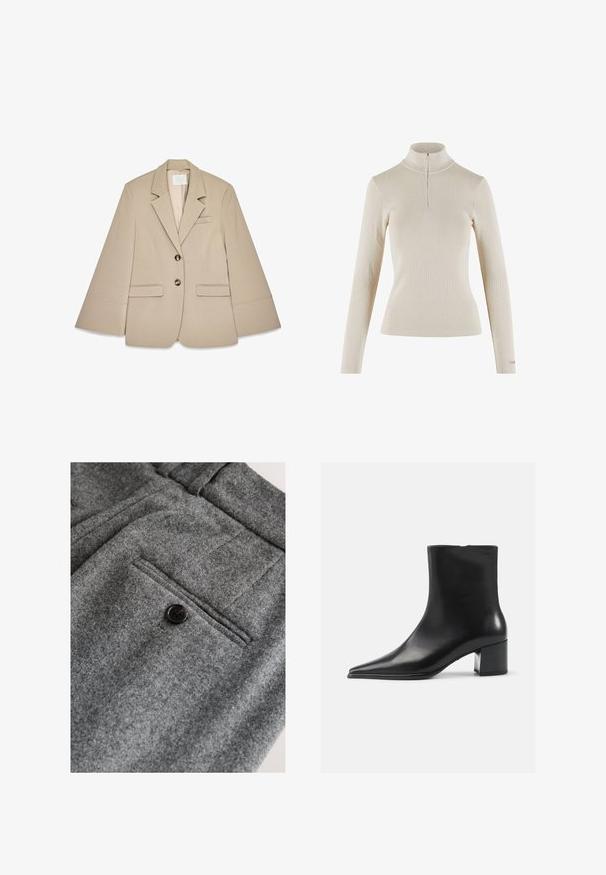 Beige blazer med sjalskrave, to frontlommer med klap og to messingknapper. Har et struktureret design og en glat stofoverflade.; Lys beige langærmet turtleneck top lavet af ribbet stof, der har en kvart lynlås ved halsen og en tætsiddende pasform.; Grå uldbukser med flad front, en enkelt baglomme med en sort knap og en blød, tekstureret finish.; Sort læder ankelstøvle med spidse tæer, glat tekstur og mellemhøj blokhæl. Minimalistisk design, lynlås lukning bagpå.