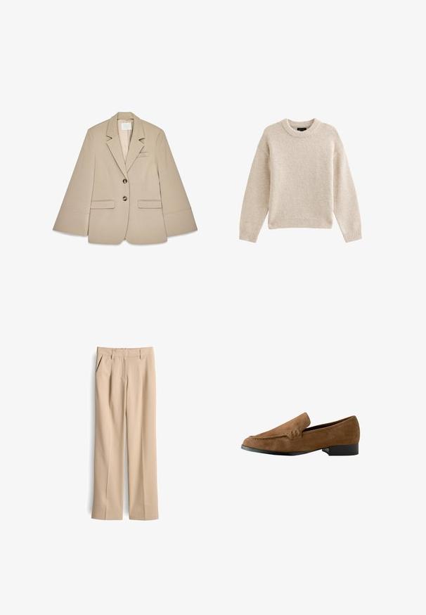 Blazer beige avec col châle, deux poches avant à rabat et deux boutons en laiton. Présente un design structuré et une texture de tissu lisse.; Pull en tricot beige à col rond, à manches longues et avec un ourlet côtelé. Tissu texturé au toucher doux. Design simple et polyvalent.; Pantalons beiges taille haute à coupe droite, dotés de deux poches latérales et de plis sur le devant. Fabriqués dans un tissu lisse et léger.; Mocassins en suedine marron avec un léger talon, une texture lisse, des détails de couture à l'avant et une forme de bout arrondi.