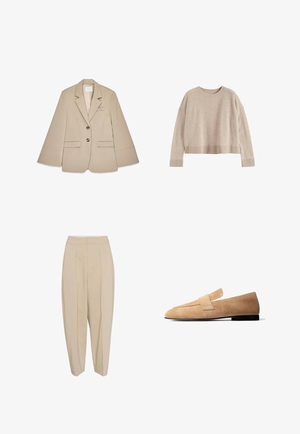 Beige blazer met een sjalkraag, twee voorste klepzakken en twee koperen knopen. Kenmerkt zich door een gestructureerd ontwerp en een gladde stoftextuur.; Beige gebreide trui met een ronde hals, verlaagde schouders en geribde manchetten en zoom. Zachte textuur, cropped lengte en eenvoudig ontwerp.; Beige op maat gemaakte broeken met een hoge taille, geplooide voorkant en taps toelopende pijpen. De stof lijkt glad met een subtiele glans. Geen zichtbare zakken.; Lichtbruine suède loafer met een lage zwarte hak en een brede band over de bovenkant, weergegeven in zijaanzicht tegen een witte achtergrond.