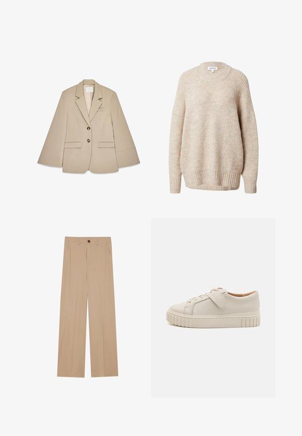 Blazer beige avec col châle, deux poches avant à rabat et deux boutons en laiton. Présente un design structuré et une texture de tissu lisse.; Pull en tricot beige avec un col rond, des épaules tombantes et des poignets et un ourlet côtelés. Il offre une coupe légèrement ample et texturée.; Pantalons larges beiges avec une texture lisse, dotés de deux poches latérales, d'une fermeture à bouton à l'avant et de plis subtils pour plus de détails.; Baskets blanches en cuir avec un embout structuré, des coutures décoratives et une semelle en caoutchouc striée. Comprend une étiquette de marque sur le côté.
