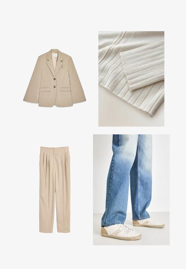 Beige blazer met een sjalkraag, twee voorste klepzakken en twee koperen knopen. Kenmerkt zich door een gestructureerd ontwerp en een gladde stoftextuur.; Geribbelde gebreide trui in lichtbeige. Heeft een zachte textuur met verticale lijnen en een omgeslagen manchet. Materiaal lijkt gezellig en warm.; Beige geplooide broek met een getailleerde pasvorm, gemaakt van een gladde stof, met een klassieke tailleband en rechte pijpen.; Witte sneakers met beige accenten en gestructureerde details, gecombineerd met lichtblauwe, iets versleten spijkerbroek in een relaxte pasvorm.