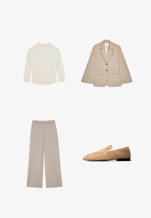 Beige blazer med sjalskrave, to frontlommer med klap og to messingknapper. Har et struktureret design og en glat stofoverflade.; Cremefarvet strikket sweater med lange ærmer og ribbede manchetter, krave og kant, som er lidt længere bagtil.; Beige vidde bukser med skjult frontlukning og sidelommer, designet til et formelt eller business casual look.; Lysebrun ruskindsløs loafer med en lav sort hæl og en bred remdetalje tværs over toppen, vist i sideprofil på hvid baggrund.