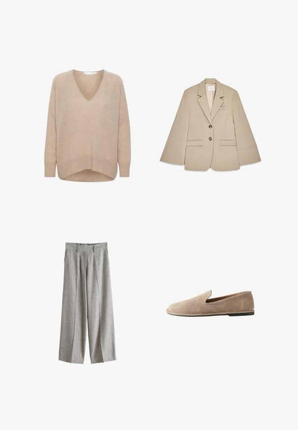 Bežový blazer s šálovým golierom, dvoma prednými vreckami s klopou a dvoma mosadznými gombíkmi. Má štruktúrovaný dizajn a hladkú textúru látky.; Béžový sveter s výstrihom do V z mäkkej pleteniny, s pružným lemom a manžetami. Má uvoľnený strih a spustené ramenné švy pre pohodlie a ľahkosť.; Sivé široké vlnené nohavice s pútkami na opasok, prednými záhybmi a bočnými vreckami, zobrazené na bielom pozadí.; Béžové semišové slip-on mokasíny zaoblenou špičkou, nízkym plochým podpätkom, prešitou podrážkou a elastickým bočným klinom pre jednoduché obúvanie.