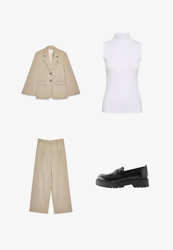 Beige blazer med sjalskrave, to frontlommer med klap og to messingknapper. Har et struktureret design og en glat stofoverflade.; Hvid ærmeløs turtleneck top i ribbet stof, med en tætsiddende design og glat tekstur, høj krave og ingen synlig hardware.; Beige viddebukser med frontfolder, sidelommer, bælteløkker og en skjult lukning foran.; Sorte lakerede loafers har en lav platformssål med en robust træd og en quiltet detalje over midtfoden.
