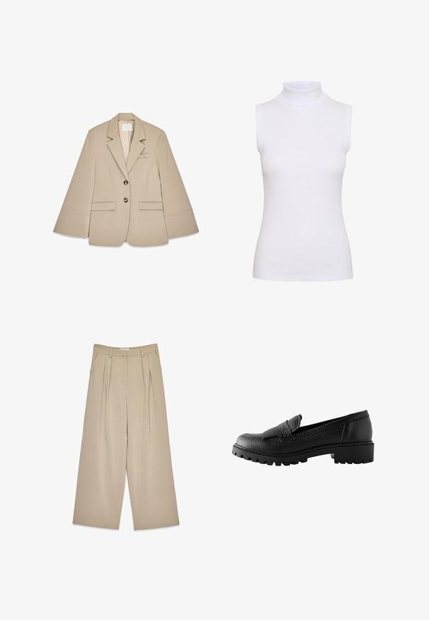 Beige blazer med sjalskrave, to frontlommer med klap og to messingknapper. Har et struktureret design og en glat stofoverflade.; Hvid ærmeløs turtleneck top i ribbet stof, med en tætsiddende design og glat tekstur, høj krave og ingen synlig hardware.; Beige viddebukser med frontfolder, sidelommer, bælteløkker og en skjult lukning foran.; Sorte læder loafers har en tekstureret overflade, et slip-on design og en chunky, rillede sål for forbedret trækkraft.
