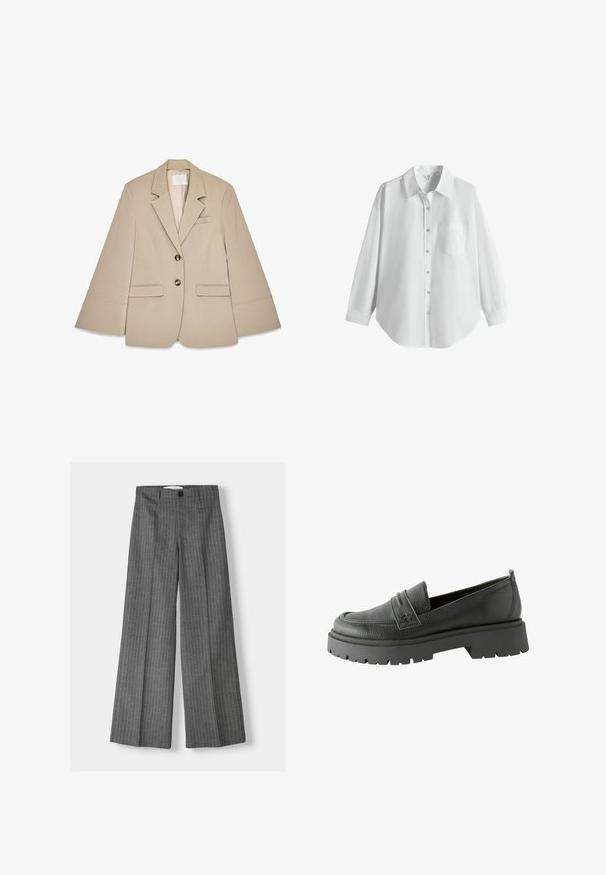 Blazer beige avec col châle, deux poches avant à rabat et deux boutons en laiton. Présente un design structuré et une texture de tissu lisse.; Chemise blanche à manches longues boutonnée avec col et poche poitrine, présentée sur un fond blanc uni.; Pantalons large gris à rayures, dotés d'une fermeture à bouton et de deux poches avant. Fabriqués en tissu texturé.; Mocassins en cuir noir avec une finition texturée, des détails de couture marqués, et une épaisse semelle en caoutchouc noir présentant un motif cranté.
