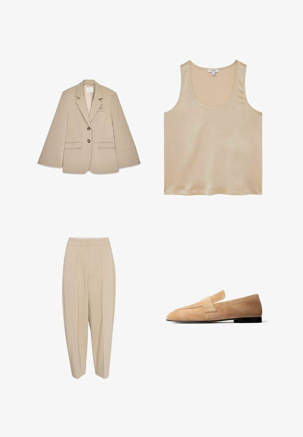 Blazer beige con cuello de chal, dos bolsillos frontales con solapa y dos botones de bronce. Presenta un diseño estructurado y una textura de tela suave.; Reiss REGULAR FIT - Blusa - neutral; Pantalones beige entallados con cintura alta, frente plisado y pierna ajustada. La tela parece suave con un sutil brillo. Sin bolsillos visibles.; Mocasín de ante marrón claro con un tacón bajo negro y una amplia tira decorativa en la parte superior, mostrado de perfil sobre un fondo blanco.