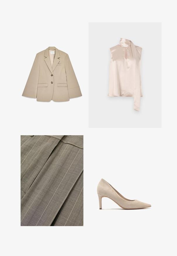 Beige blazer med sjalskrave, to frontlommer med klap og to messingknapper. Har et struktureret design og en glat stofoverflade.; Satin ærmeløs top i lys pink med en nøglehul-halsudskæring og en fastgjort draperet tørklæde-detail på skulderen. Glat tekstur, minimalistisk design.; Close-up af beige stof med fint gitter og tynde, vertikale, hvide striber, med skarpe folder og syningsdetalje.; Beige ruskind højhælede sko med spids tå og en 7 cm hæl. Glat tekstur, minimalistisk design og en strømlinet silhuet.