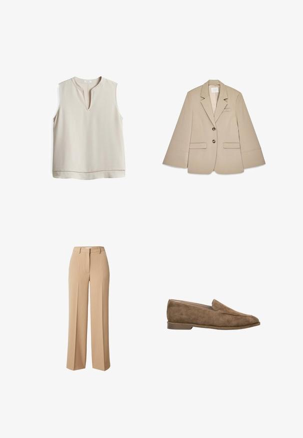 Beige blazer met een sjalkraag, twee voorste klepzakken en twee koperen knopen. Kenmerkt zich door een gestructureerd ontwerp en een gladde stoftextuur.; Beige mouwloze blouse met een V-hals, gemaakt van soepele stof, met een decoratieve stiksel langs de zoom voor extra detail.; Beige gestreepte wijde broek met een op maat gemaakte tailleband en riemlussen, met een gladde textuur en een klassieke, rechte pasvorm.; Bruine suède instapsloffen met lage hak en afgeronde neus, zijaanzicht tegen een witte achtergrond.