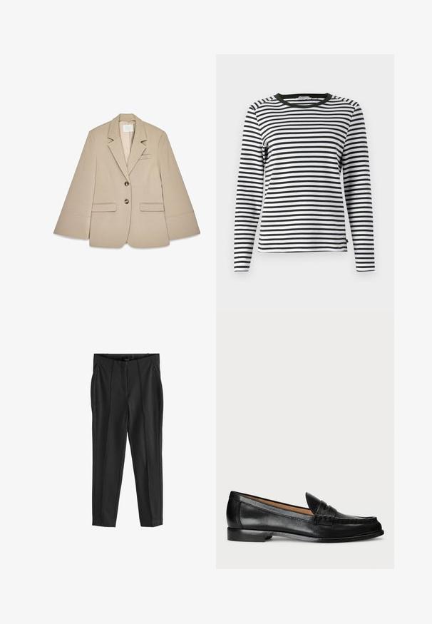 Beige blazer med sjalskrave, to frontlommer med klap og to messingknapper. Har et struktureret design og en glat stofoverflade.; Langærmet skjorte i sort og hvid stribet design med en rund, grøn halsudskæring. Blødt stof med normal pasform og lige søm.; Sorte tapered bukser med en glat tekstur, der har to forreste lynlås lommer og fold i fronten for en struktureret design.; Lauren Ralph Lauren WYNNIE - Loafers - black
