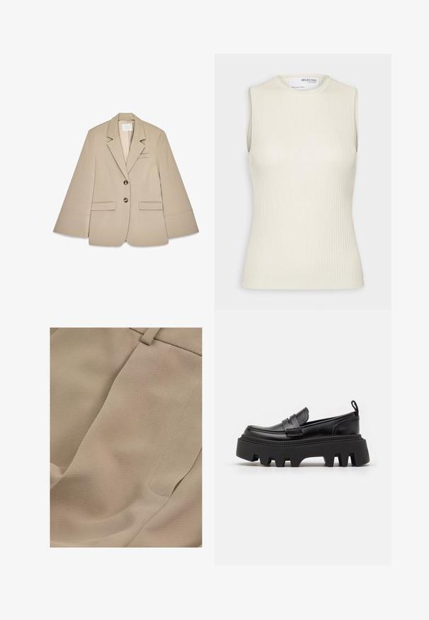 Beige blazer med sjalskrave, to frontlommer med klap og to messingknapper. Har et struktureret design og en glat stofoverflade.; Selected Knitted Sleeveless - Top - birch; Reiss PETITE FIT - EDEN ELASTICATED WAIST WIDE - Bukser - mink neutral; Sorte læder loafers med en kraftig sort gummisål, der har skridsikre riller og et dekorativt bånd over forsiden.