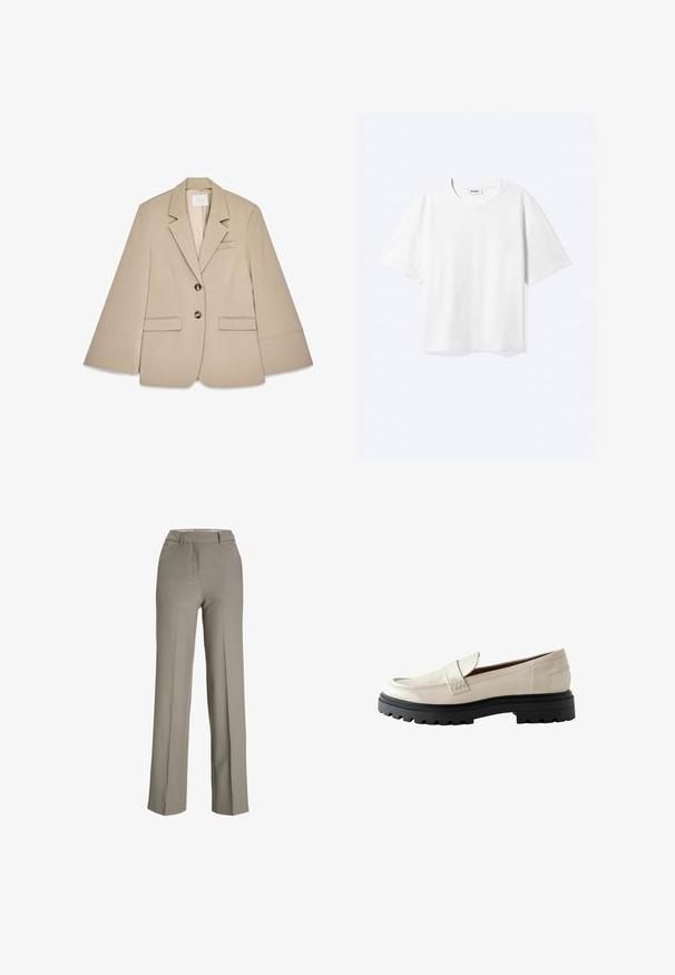 Beige Blazer mit Schalkragen, zwei vorderen Klappentaschen und zwei Messingknöpfen. Hat ein strukturiertes Design und eine glatte Stofftextur.; Weißes T-Shirt mit kurzen Ärmeln und Rundhalsausschnitt mit geradem Saum, innen mit gebrandetem "WEEKDAY"-Label am Kragen.; Hellgraue, weit geschnittene Hose aus glattem Stoff mit einem maßgeschneiderten Taillengürtel, Vorderfalten und seitlichen Taschen.; Beige Lackleder Slipper mit runder Zehe, robuster schwarzer Gummisohle und einem genähten Akzent an der Vorderseite.