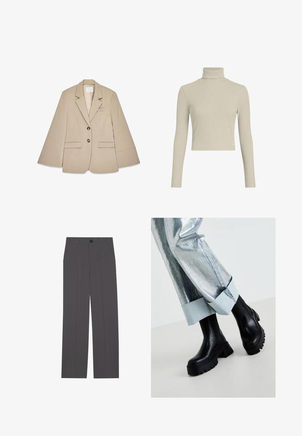 Beige blazer med sjalskrave, to frontlommer med klap og to messingknapper. Har et struktureret design og en glat stofoverflade.; Lys beige ribbet turtleneck langærmet top med et tætsiddende design og høj hals. Har en subtil logo-tag i kanten. Glat tekstur.; Grå bukser med lige ben design, der har to side lommer og en knaplukning. Glat stof uden synlige mønstre eller detaljer.; Sorte chunky ankelstøvler med teksturerede såler, iført sølvmetallic bukser med en lys denimopretning. Minimalistisk design, slanke materialer.