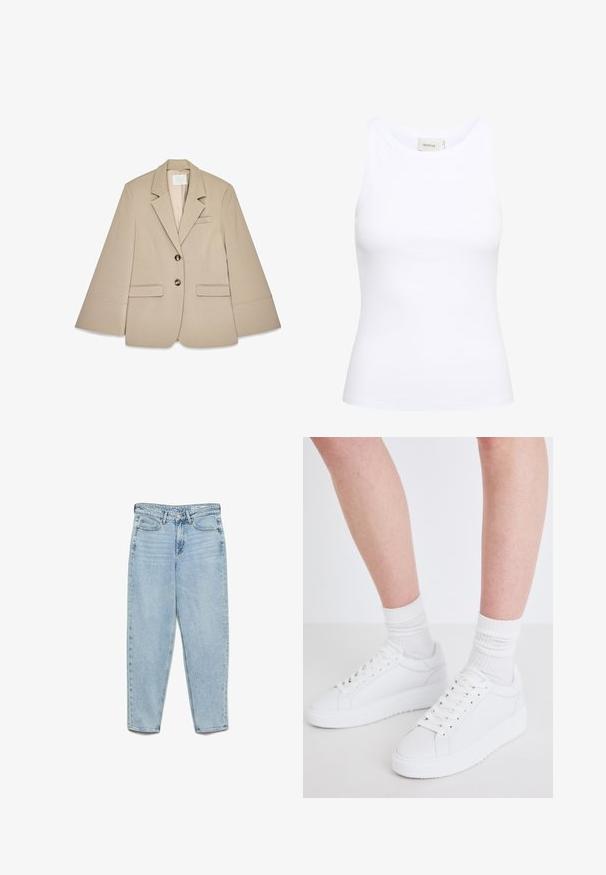 Bežový blazer s šálovým golierom, dvoma prednými vreckami s klopou a dvoma mosadznými gombíkmi. Má štruktúrovaný dizajn a hladkú textúru látky.; Biela rebrovaná tielko s okrúhlym výstrihom a bez rukávov. Elastický materiál a priliehavý strih. Ozdobná nášivka na zadnej strane znie "GESTUZ."; Svetlomodré rifle s vysokým pásom, prednými vreckami, pútkami na opasok, zapínaním na gombíky a zúženými nohavicami na bielom pozadí.; Copenhagen Studios CPH72 - Tenisky - white