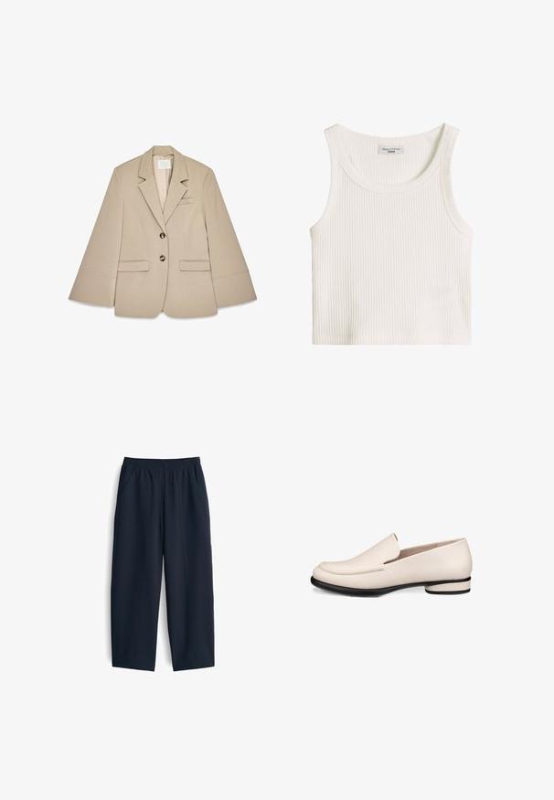 Beige Blazer mit Schalkragen, zwei vorderen Klappentaschen und zwei Messingknöpfen. Hat ein strukturiertes Design und eine glatte Stofftextur.; Weißes, geripptes ärmelloses Crop-Top mit rundem Ausschnitt und Marc O'Polo Denim Etikett im Innenkragen.; Marineblaue Hose aus glattem Stoff, mit elastischem Bund, zwei Seitentaschen und einem entspannten Schnitt mit geraden Beinen.; Beige Lederloafers mit einer runden Spitze, minimaler Naht und einem niedrigen schwarzen Absatz. Glatte Textur mit glänzendem Finish.