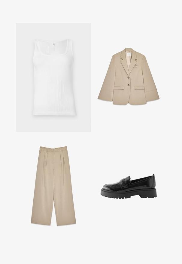 Beige blazer med sjalskrave, to frontlommer med klap og to messingknapper. Har et struktureret design og en glat stofoverflade.; Hvid ribbet tanktop med rektangulær udskæring og brede skulderstropper. Stofmaterialet har en tekstureret, strækbar overflade.; Beige viddebukser med frontfolder, sidelommer, bælteløkker og en skjult lukning foran.; Sorte lakerede loafers har en lav platformssål med en robust træd og en quiltet detalje over midtfoden.