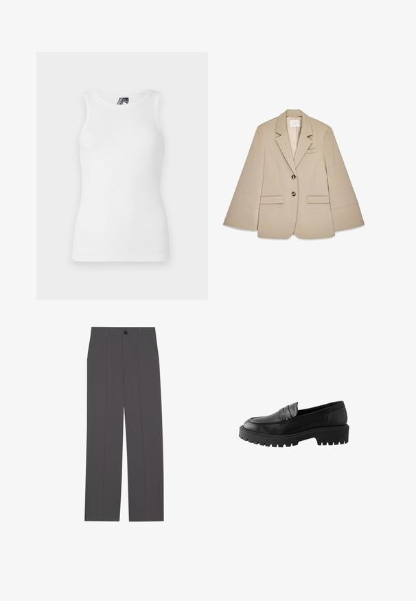 Beige Blazer mit Schalkragen, zwei vorderen Klappentaschen und zwei Messingknöpfen. Hat ein strukturiertes Design und eine glatte Stofftextur.; Weißes, geripptes Tanktop mit rundem Ausschnitt und ärmellosem Design, gefertigt aus einem weichen Baumwollmix mit taillierter Silhouette.; Graue Hose im geraden Schnitt, mit zwei seitlichen Taschen und einem Knopfverschluss. Glattes Material ohne sichtbare Muster oder Akzente.; Schwarze Lederloafer mit abgerundetem Zehenbereich, erhöhten Nähten und einer stabilen Gummisohle mit tiefen Profiltiefen für besseren Halt.
