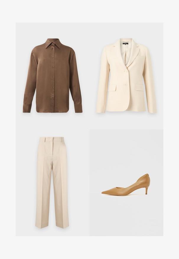 Blazer de mujer entallado color crema con solapas con muesca, dos cierres frontales con botones y dos bolsillos con solapa a la altura de la cintura.; Camisa de botones de manga larga marrón con cuello y puños puntiagudos, exhibida sobre un fondo blanco liso.; Pantalones beige de talle alto, entallados, con trabillas para cinturón y piernas rectas, presentados sobre un fondo blanco liso.; Zapato de salón de cuero color canela con punta puntiaguda y tacón pequeño, con un diseño recortado en el lateral para mayor detalle y textura suave.