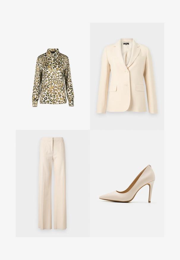 Kremfarvet skræddersyet dameblazer med hakkede revers, to knaplukninger foran og to klaplommer ved taljen.; Bluse med leopardprint, kraveudskæring, lange ærmer og knaplukning foran. Stoffet har en glat og skinnende tekstur.; Beige bukser med vide ben, glat tekstur, skræddersyet design og skjult lukning foran. Ingen synlige lommer eller pynt.; Beige højhælede pumpe, spids tå, glat læderfinish, slank stiletthæl, minimalistisk design med en subtil detalje bagpå.