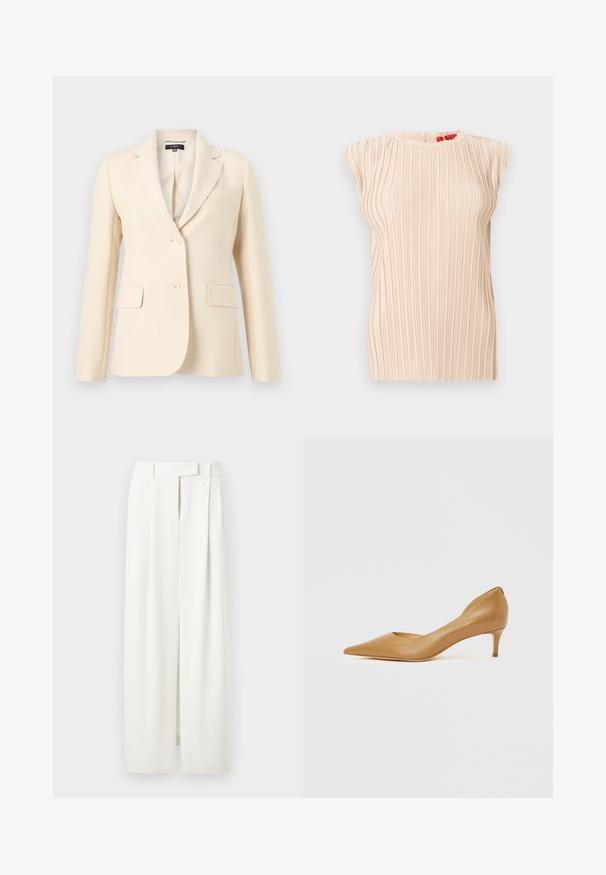 Blazer féminin sur mesure de couleur crème avec revers crantés, deux fermetures à boutons à l'avant et deux poches à rabat à la taille.; Blouse plissée beige sans manches avec encolure ronde et texture verticale subtile, présentée sur un fond blanc.; Pantalon blanc à jambes larges avec plis, passants pour ceinture et fermeture avant cachée, présenté sur un fond uni.; Escarpin en cuir marron à bout pointu avec un petit talon, présentant un design ajouré sur le côté pour plus de détails et une texture lisse.