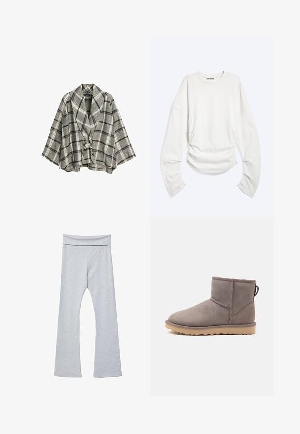 Veste à carreaux grise et blanche avec de larges revers, des manches trois-quarts et une fermeture à nouer à l'avant.; T-shirt blanc à manches longues avec col rond, détails froncés à la taille et coupe décontractée, étiquette « WEEKDAY » à l'intérieur du col.; Leggings grises évasés avec une large ceinture douce, fabriquées dans un tissu lisse et extensible. Présentent une coupe ajustée et une longueur cheville.; Botte d’hiver grise en suède à cheville basse, avec doublure douce et semelle en caoutchouc beige, vue de profil sur fond blanc uni.