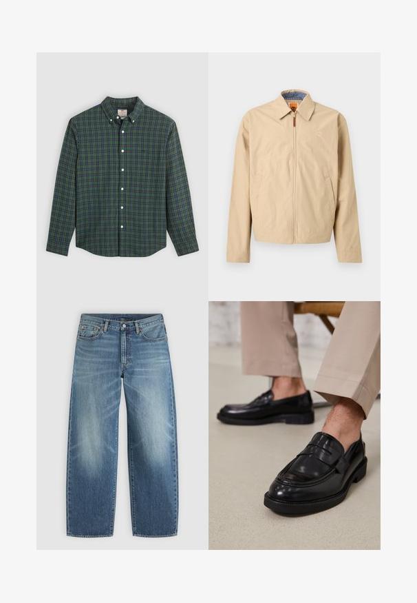 Beige lynlåsjakke med krave, sidelommer og broderet logo på brystet, med blåternet inderfor.; Langærmet skjorte med knapper i grønne, blå og gule tern, hvide knapper og krave med knapper.; Blå denimjeans med lige ben, forreste knap og lynlås samt styling med fem lommer.; Sorte lædermokkasiner med en glat overflade, der har en dekorativ rem og kontraststing, parret med beige bukser.